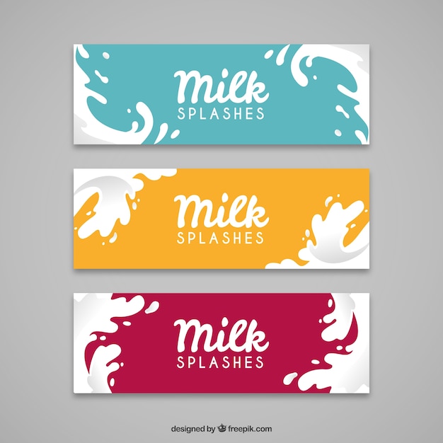 Flat banners van melk splash met verschillende kleuren