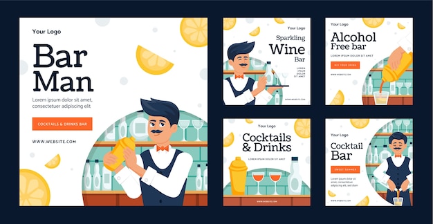 Vector flat barman instagram posts collectie