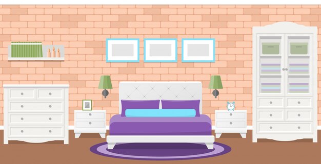 Flat bedroom .  illustration. background with brick wall.