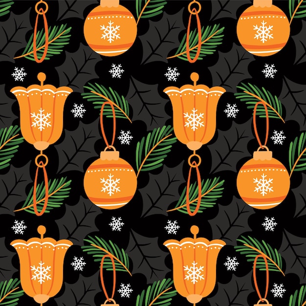 Flat bells and christmas tree decorations christmas seamless pattern