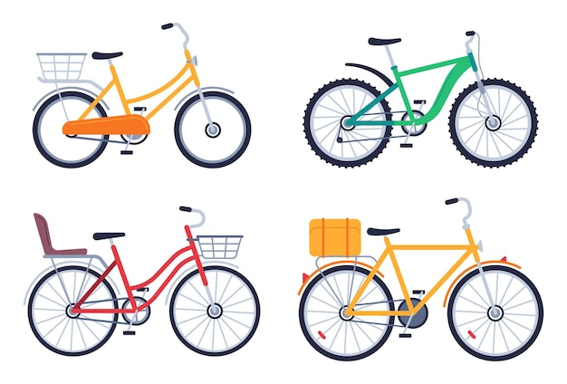 Vector flat bikes bicycle for delivery product different vehicles with baskets and box for food shipping ordering meal