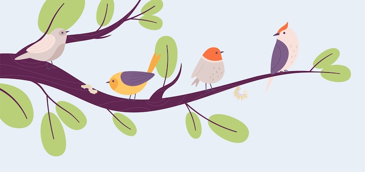 Vector flat birds on tree branch bird and worm spring blooming cute cartoon insects decorative nature banner vector seasonal graphic