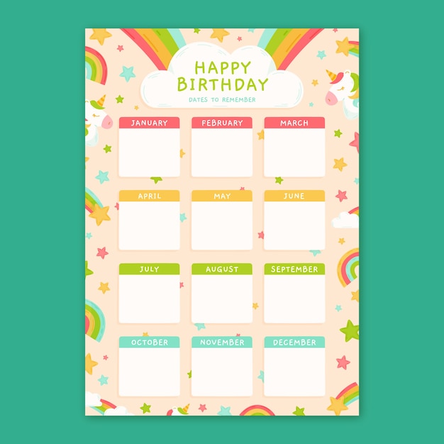 Vector flat birthday calendar template