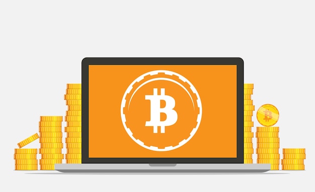 Flat bitcoin mining equipment. golden coin in computer concept.