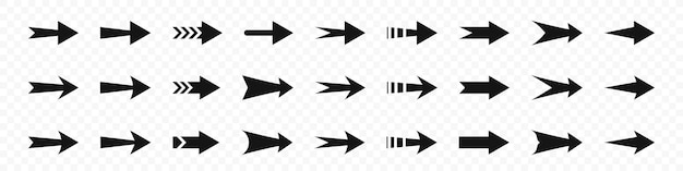 Набор значков вектора плоской черной стрелки изолирован на прозрачном бэкгро