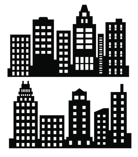 Плоский черный силуэт городских зданий набор современных городских