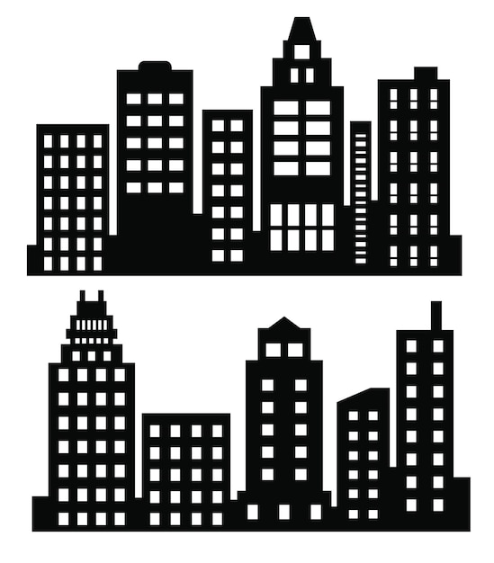 Flat black cityscape silhouette city buildings set modern urban