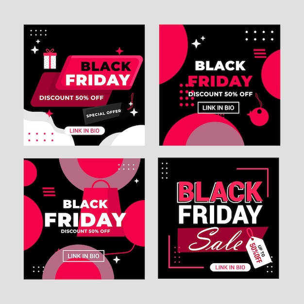 Vettore raccolta di post di instagram flat black friday modello di banner per social media di post vendita di instagram con spirito