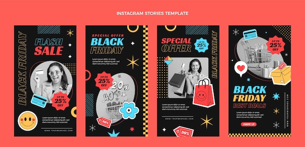 Вектор Плоская черная пятница коллекция рассказов instagram