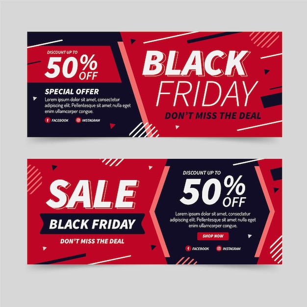 Set di banner orizzontali di vendita flat black friday