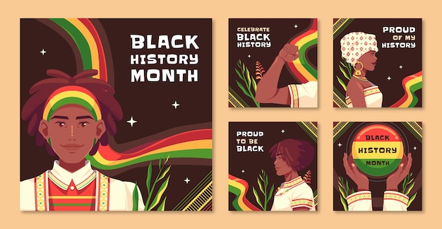 Flat black history month instagram posts collection