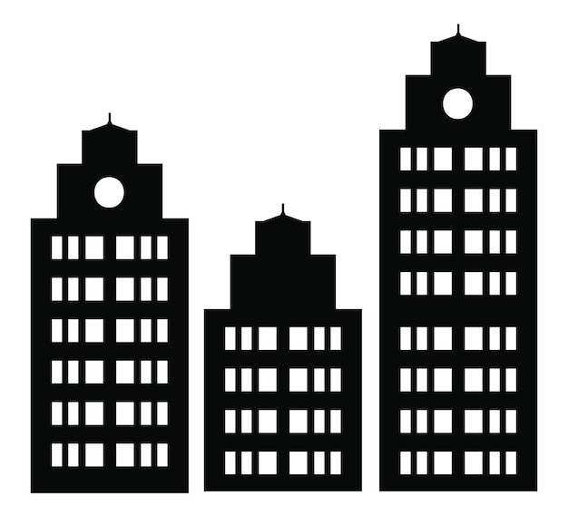 A flat black skyscraper and lowrise building silhouette set