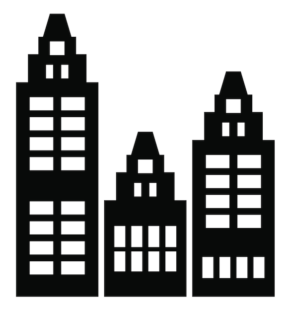 A flat black skyscraper and lowrise building silhouette set