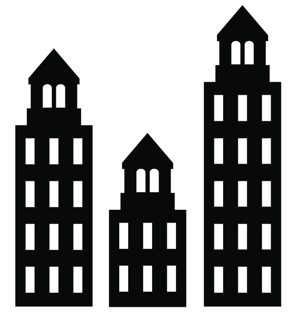 平らな黒い超高層ビルと低層の建物のシルエット セット