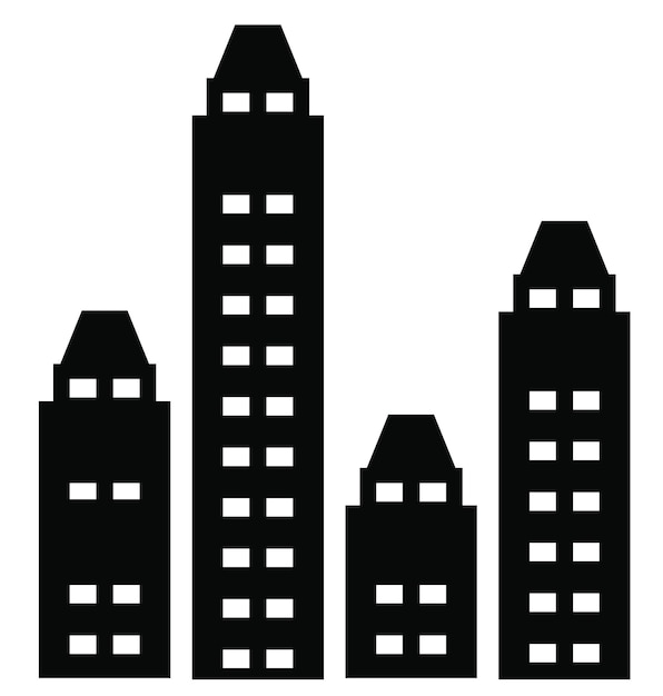 A flat black skyscraper and lowrise building silhouette set