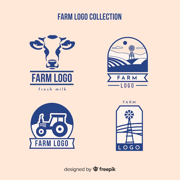 Вектор Плоская синяя коллекция логотипа фермы