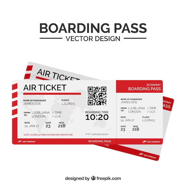 Flat boarding pass with qr code and red shapes