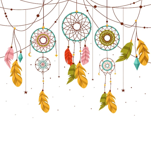 Vector flat boho background with dream catchers