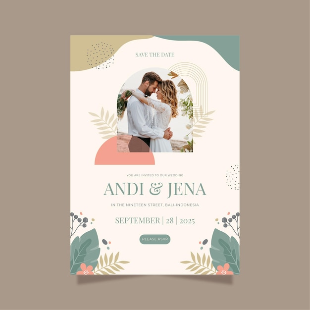 Vector flat boho wedding invitation template