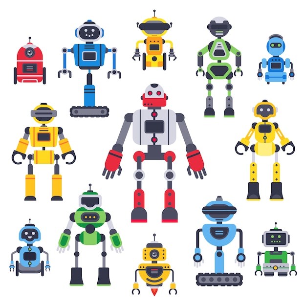 ベクトル フラットボットとロボット。ロボットボットマスコット、ヒューマノイドロボット、かわいいチャットボットアシスタントベクトルフラット文字セット