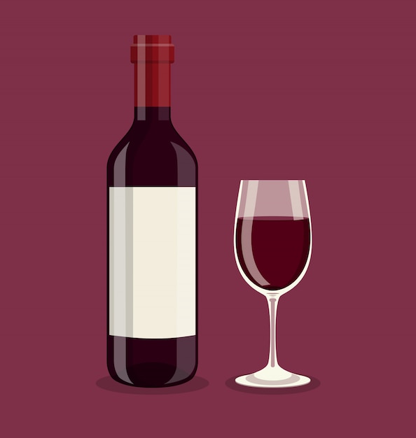 Vector flat bottle and a glass of wine