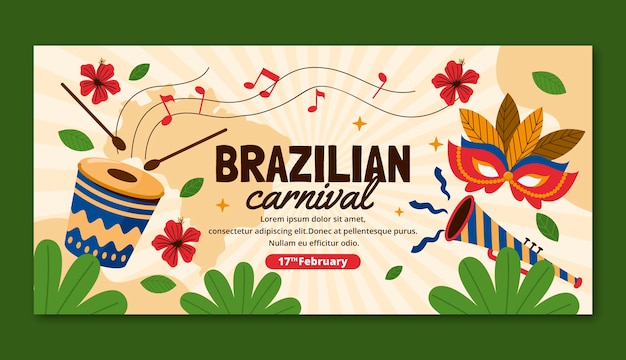 ベクトル フラットブラジルのカーニバルのお祝いの水平バナーテンプレート