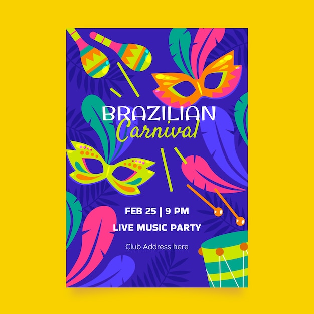 Flat brazilian carnival vertical flyer template