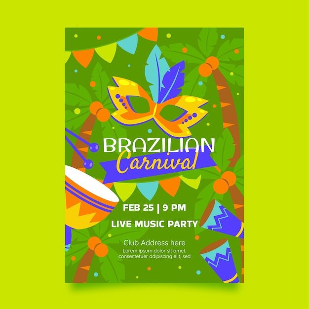 Flat brazilian carnival vertical flyer template