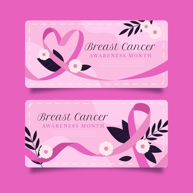 Flat breast cancer awareness month horizontal banners set