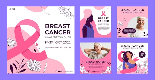 Vector flat breast cancer awareness month instagram posts collection