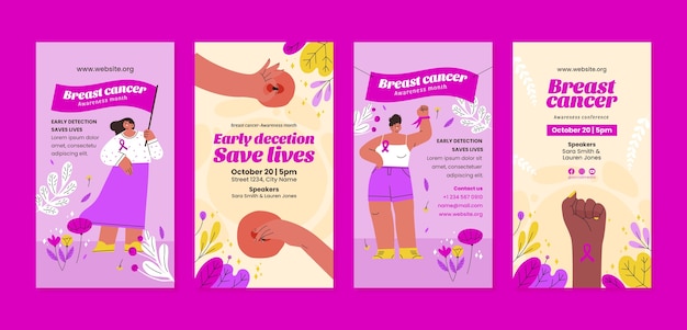 Vector flat breast cancer awareness month instagram stories collection