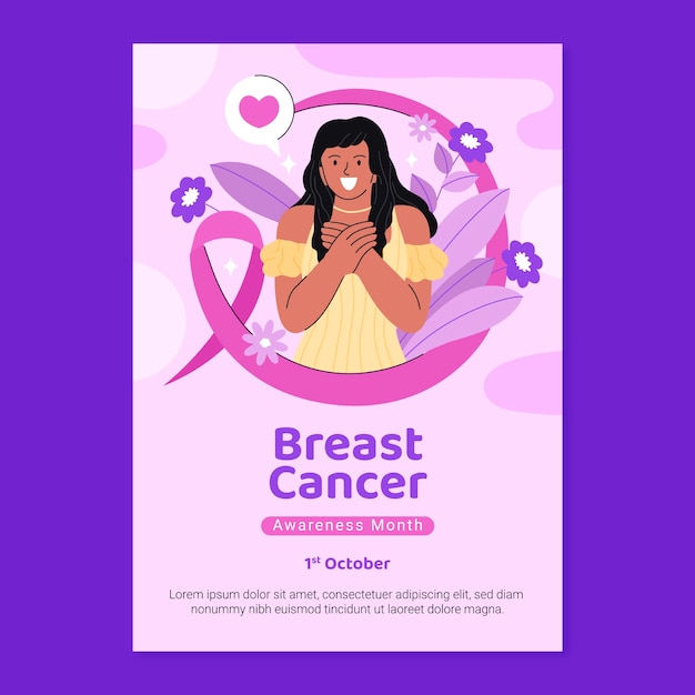 Flat breast cancer awareness month vertical poster template