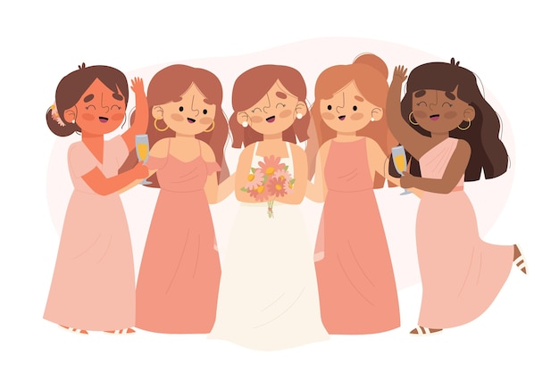 Vector flat bridesmaids in cute dresses