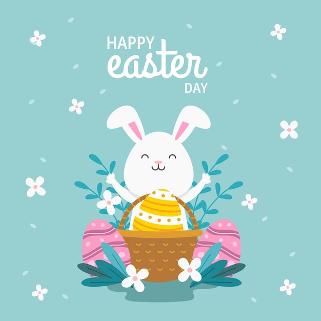 Плоский кролик с корзиной яиц счастливый пасхальный день фон