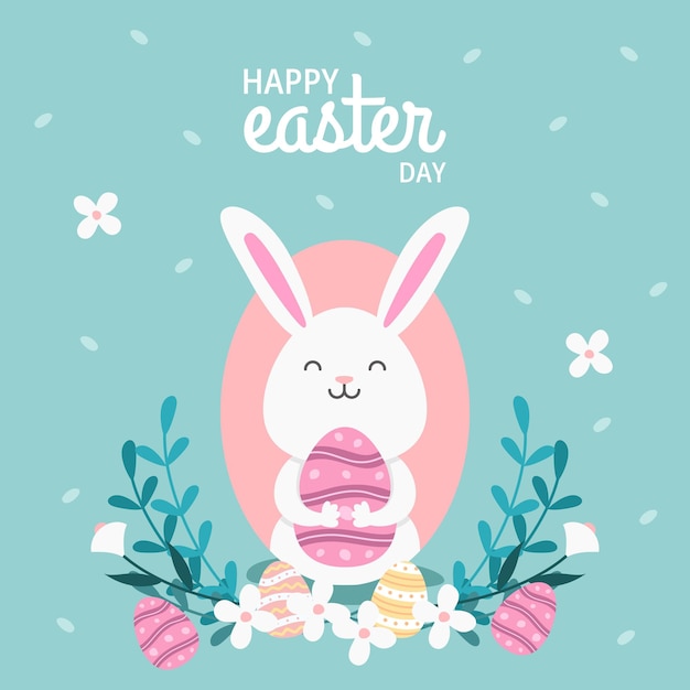 Flat bunny rabbit with eggs happy easter day background