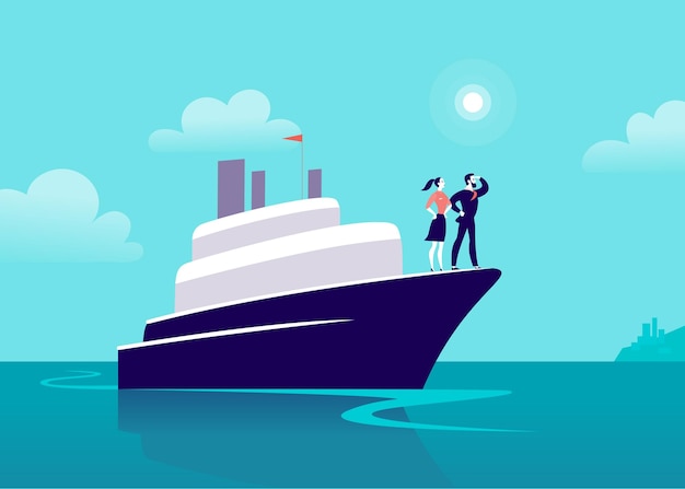 Vector flat business illustration with businessman lady sailing on ship through ocean towards city