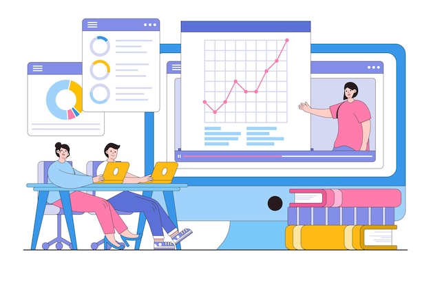 ベクトル フラット ビジネス オンライン メンタリング コンセプト アウトライン デザイン スタイルの最小限のベクトル図