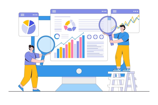 Concetto di pianificazione finanziaria di investimento grafico rapporto di monitoraggio della ricerca di analisi delle persone d'affari piatto illustrazione vettoriale minima dello stile di design del profilo