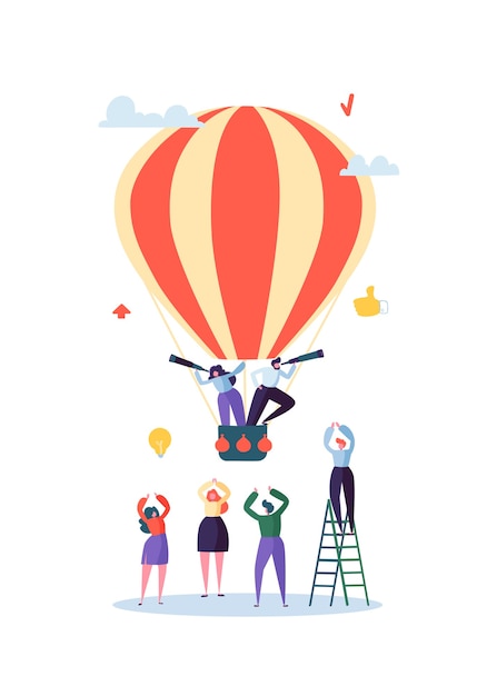flat business people flying on air balloon