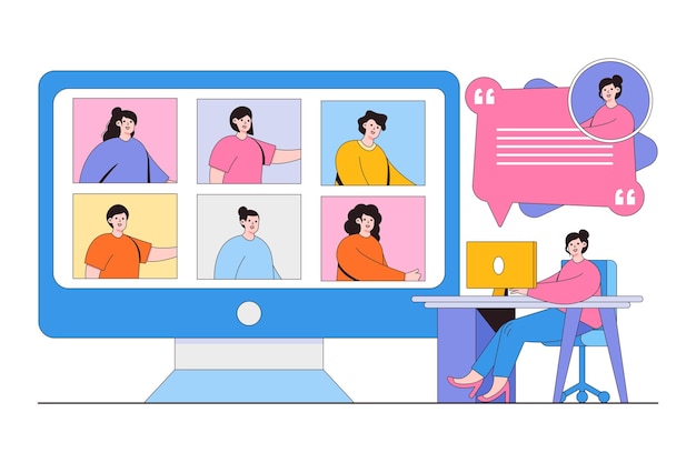 Flat business working from home and anywhere concept People online video conference for meeting with remote technology Outline design style minimal vector illustration