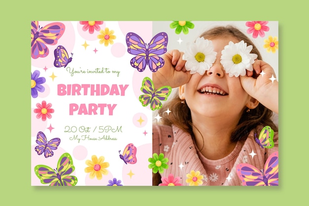 Vector flat butterfly birthday invitation template with photo