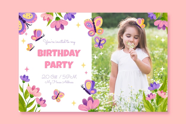 写真付きフラット蝶の誕生日の招待状のテンプレート