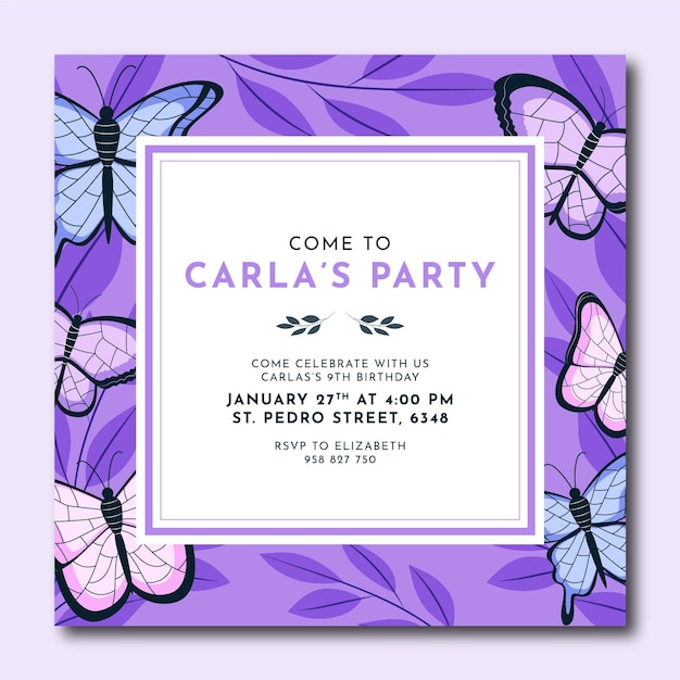 Vector flat butterfly birthday invitation template