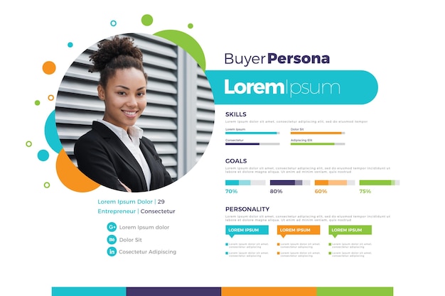 Flat buyer persona infographics with photo of woman