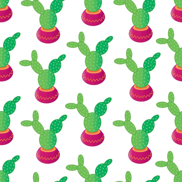 Flat cactus in a pot seamless pattern Hand drawn illustration