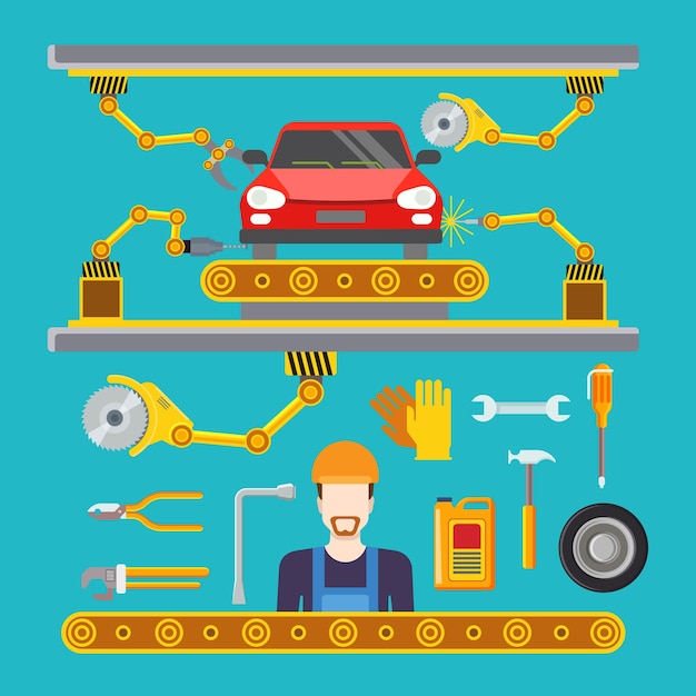 Vector flat car repair fix service production line conveyor concept.