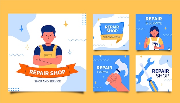 Vector flat car repair shop services instagram posts collection