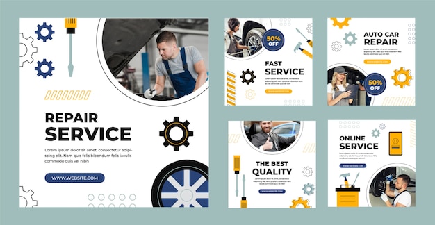 Vector flat car repair shop services instagram posts collection