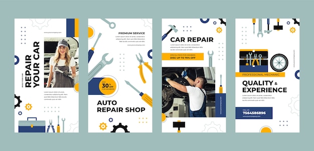 Vector flat car repair shop services instagram stories collection