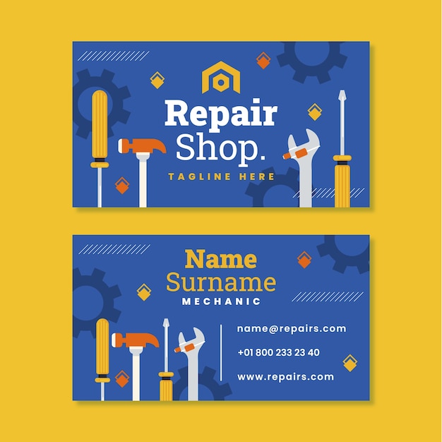 Vector flat car repair shop services vertical business card template